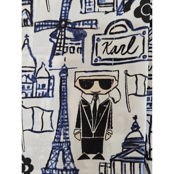 Karl Lagerfeld Shirt XL Parisian Cityscape Button-Front Long Roll Sleeve Blue - Picture 3 of 13